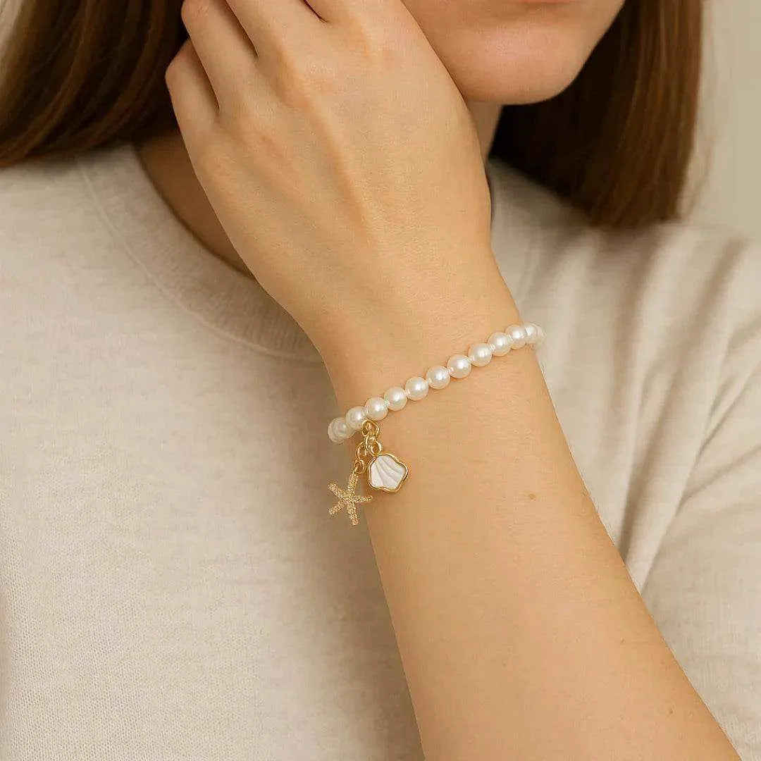 Gold Plated Pearl Bracelet with Coastal Charms