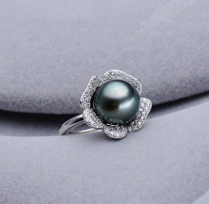 Near Round Tahiti Black Pearl Ring 9-10mm Ring 925 Silver Seawater Pearl Pearl Ring