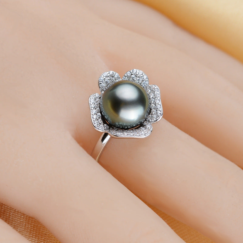 Near Round Tahiti Black Pearl Ring 9-10mm Ring 925 Silver Seawater Pearl Pearl Ring