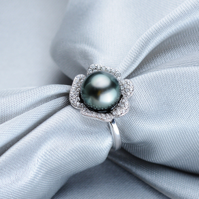 Near Round Tahiti Black Pearl Ring 9-10mm Ring 925 Silver Seawater Pearl Pearl Ring