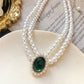 Vintage Temperament Oval Emerald Pearl Short Necklace Clavicle Chain