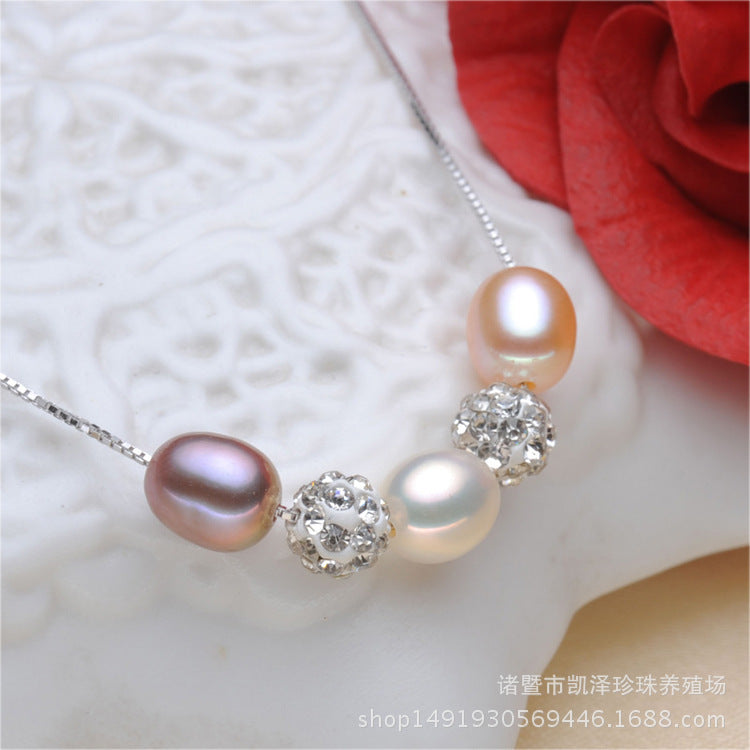 Zhuji natural freshwater pearl necklace 7-7.5mm three color road pass Pearl Pendant 925 pure silver chain female