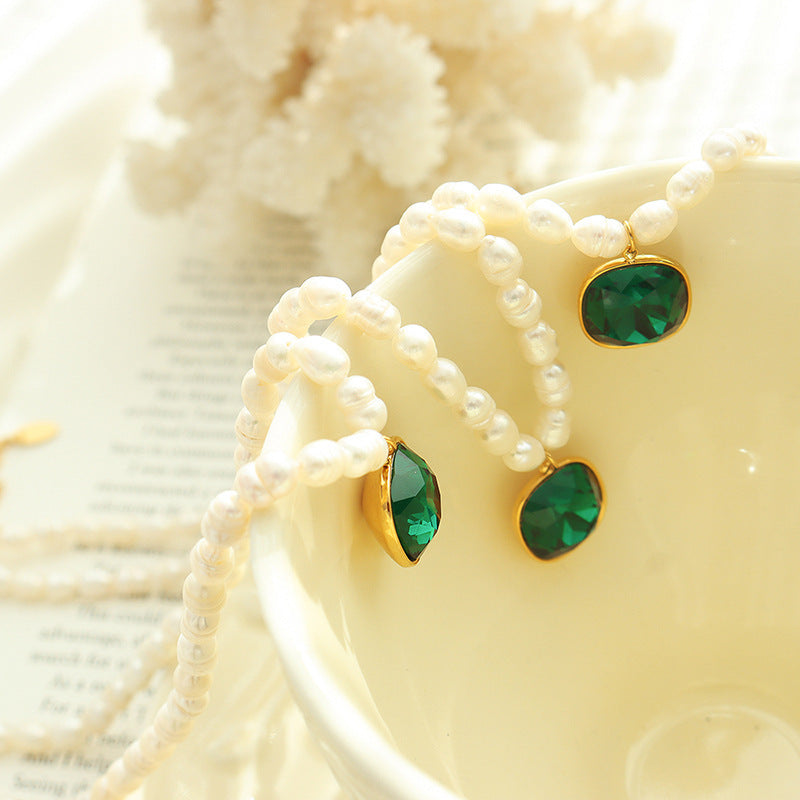 French Vintage Freshwater Pearl Pendant Emerald Zircon Necklace