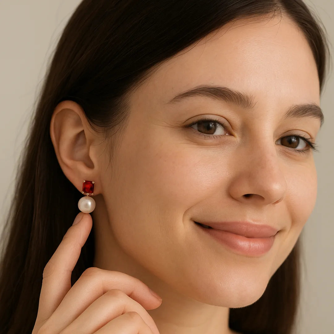 Close-up of a woman wearing red and pearl earrings against a neutral background