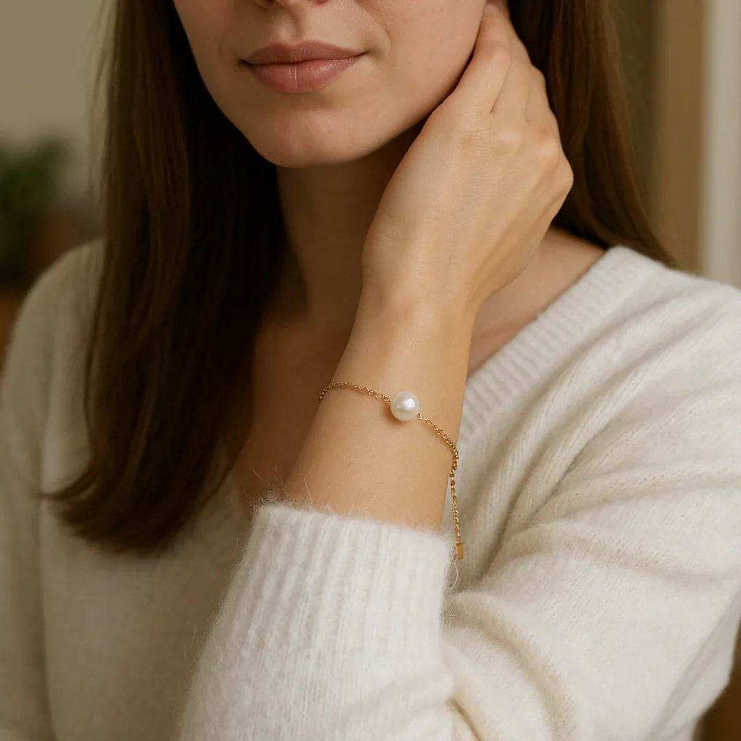 Freshwater Pearl & 18K Gold Plated Sterling Thin Silver Bracelet - Eclat