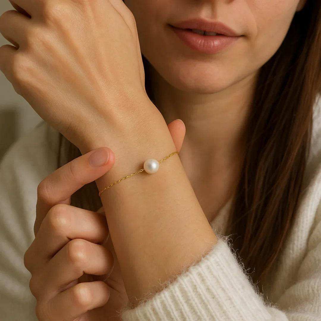 Freshwater Pearl & 18K Gold Plated Sterling Thin Silver Bracelet - Eclat